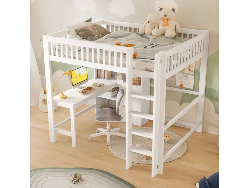  Lit mezzanine enfant 140x200 cm avec bureau, rangements et 3 tiroirs blanc  - Conforama D