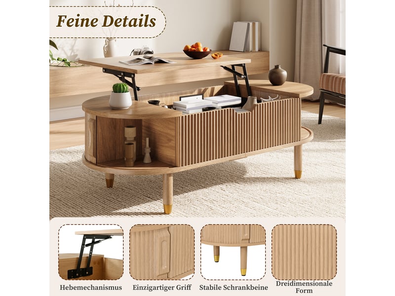  Table basse ovale à plateau relevable avec rangement - lpospi - portes coulissantes rainurées mdf naturel  - Conforama E