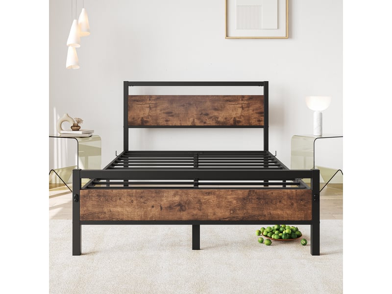  Lit double 140×200 cm avec rangement - okmyhome- tête et pied de lit, mdf et métal, sans matelas, brun antique  - Conforama C