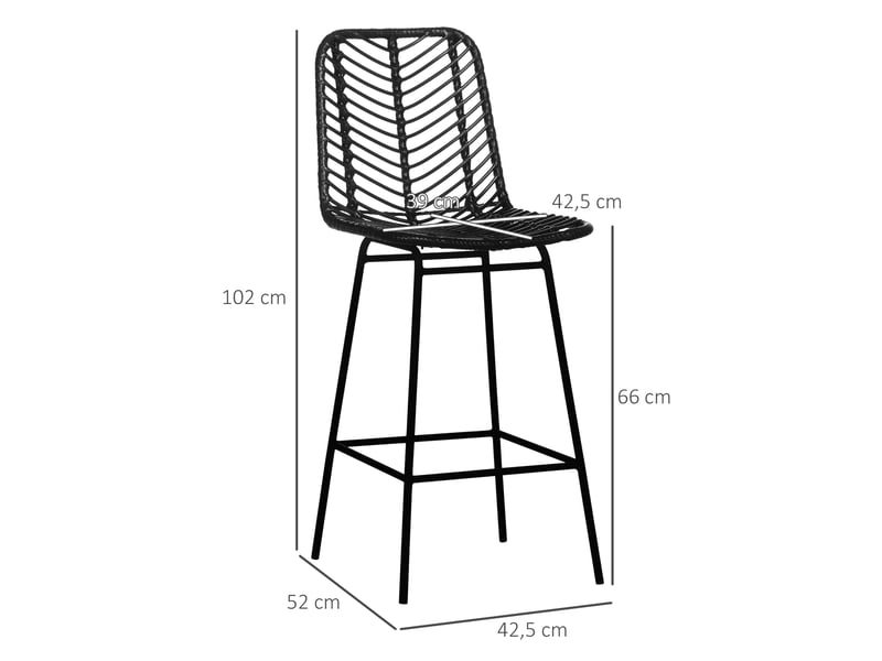  Lot de 2 tabourets de bar design bohème hauteur 66 cm avec repose-pieds métal et rotin pe - noir  - Conforama E