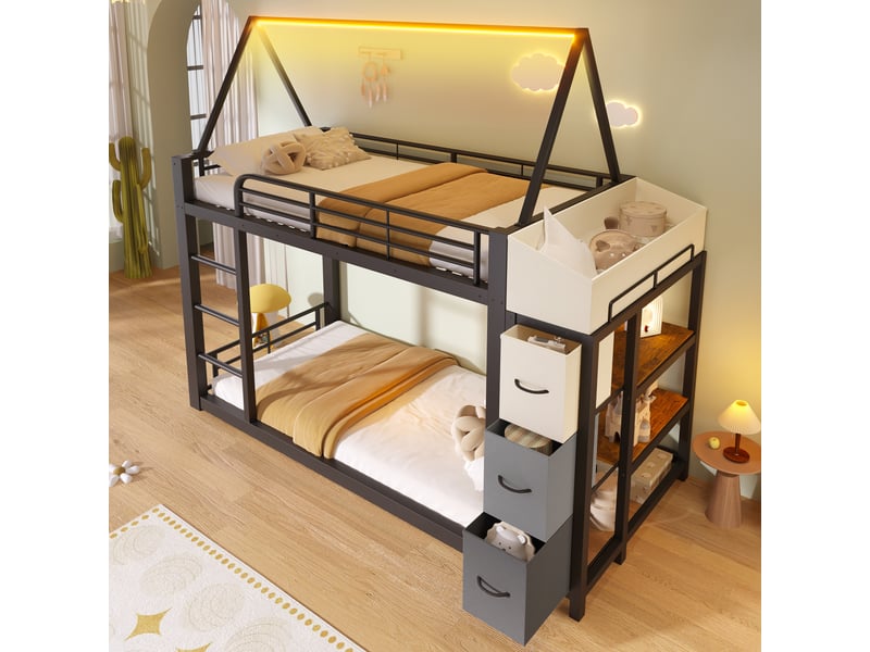 Lit mezzanine cabane 90 x 200 cm avec étagères ouvertes, tiroirs en tissu et led multicolore, structure en mdf et métal noir, sans matelas - Conforama C