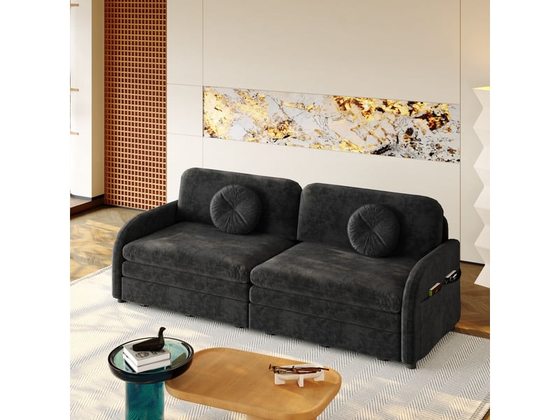 Canapé-lit 206 cm fonction couchage coussins amovibles poches de rangement latérales revêtement en chenille coloris noir - Conforama E