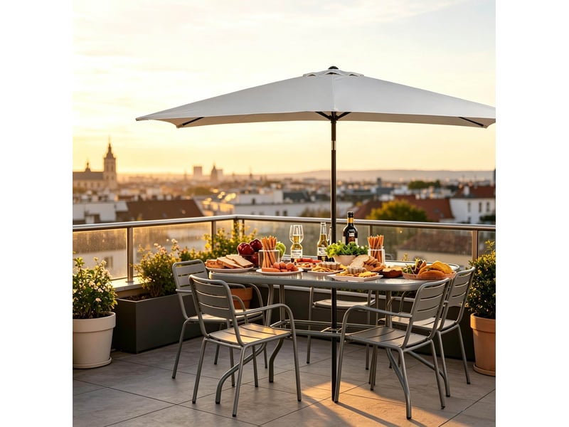 Table de jardin rectangulaire 8 places avec trou pour parasol, métal et verre trempé gris - Conforama D