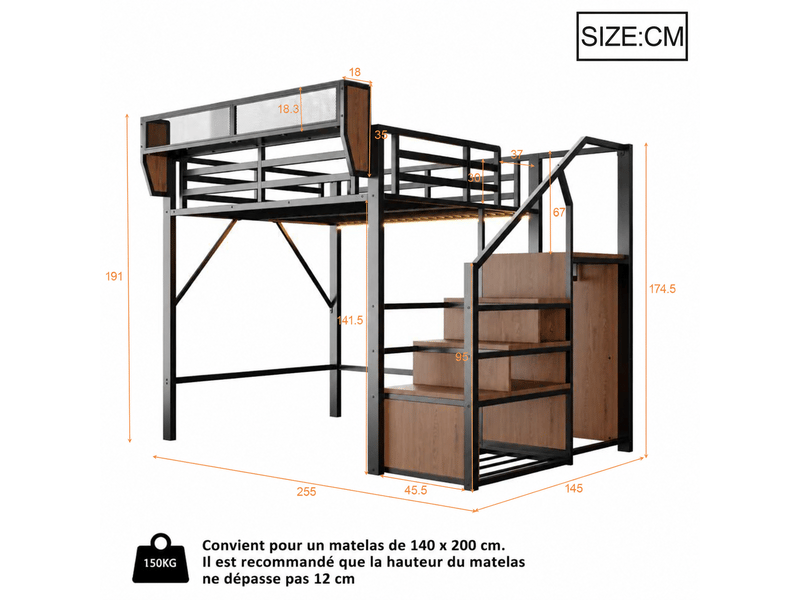  Lit mezzanine 140x200cm - lit double 140x200 en métal avec espace de rangement, led rgb, hampe de penderie et tiroir en tissu - noir  - Conforama E