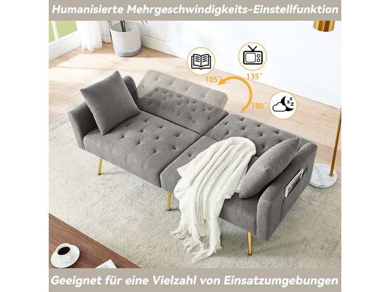  Canapé droit 2 places convertible avec dossier réglable  - 2 coussins, assise ergonomique, tissu teddy - gris  - Conforama C