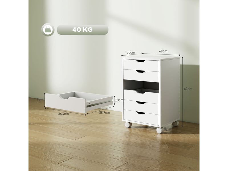  Caisson de bureau mobile avec 6 tiroirs silencieux, caisson de rangement sur roulettes,  40 x 35 x 63 cm, blanc  - Conforama C