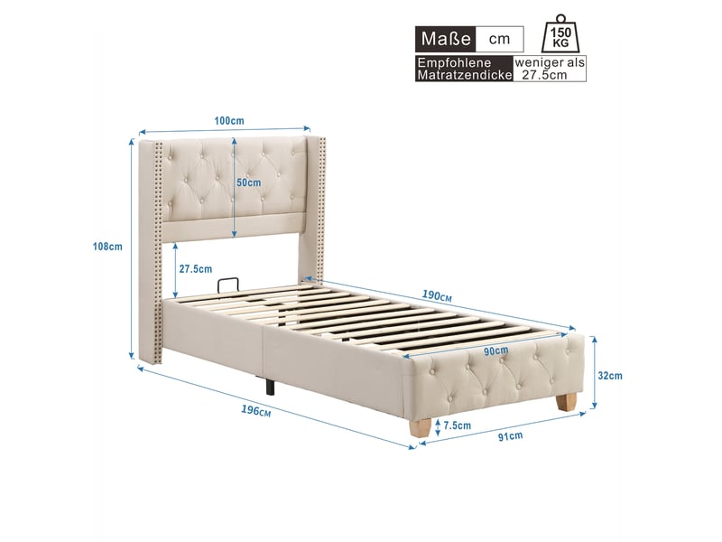  Lit rembourré 90 × 190 cm avec sommier à lattes, tête de lit capitonnée et pieds en bois, en lin beige  - Conforama C