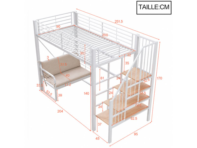 Lit mezzanine en métal, lit simple avec canapé amovible et escalier de rangement, 90×200 cm, sans matelas, blanc - Conforama D