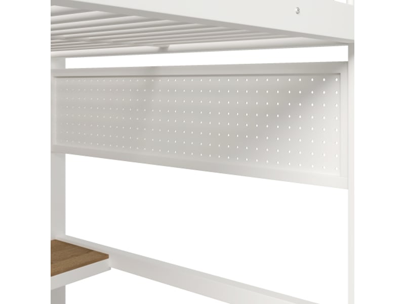 Lit mezzanine métal blanc 140x200 cm – échelle, rangement intégré et barre led – sans matelas - Conforama E