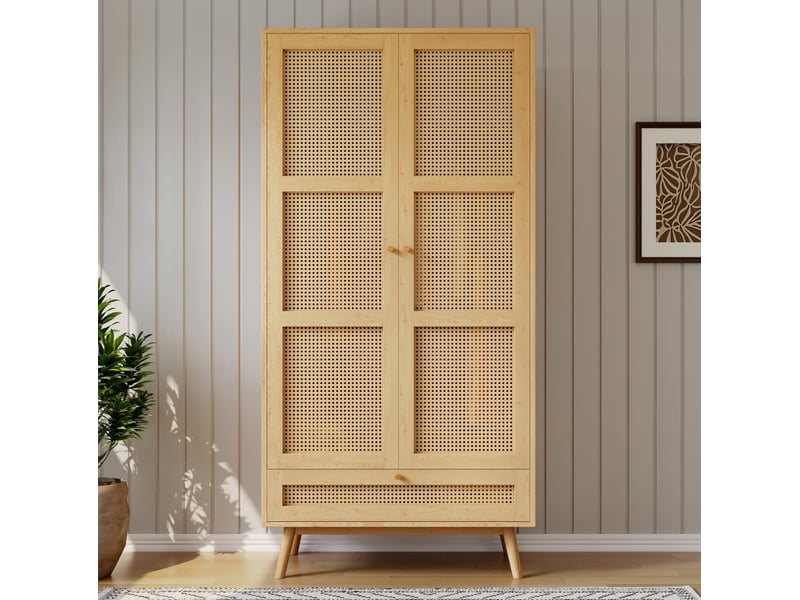  Armoire 2 portes 90x45x183 cm avec tringle, naturel, panneau de particules et pe rotin, rangement inférieur  - Conforama D