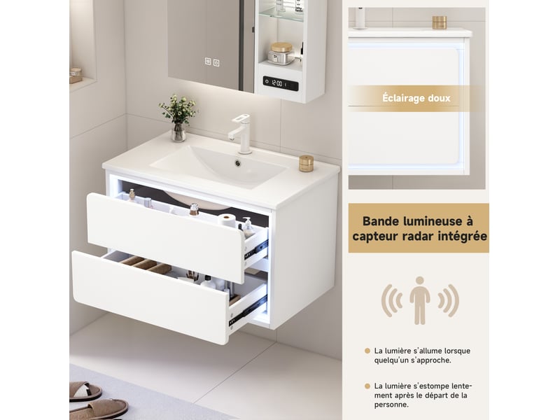 Meuble de salle de bain suspendu 76x46x48,5 cm, 2 tiroirs, vasque, meuble avec led radar, mdf blanc, rangement pratique - Conforama E