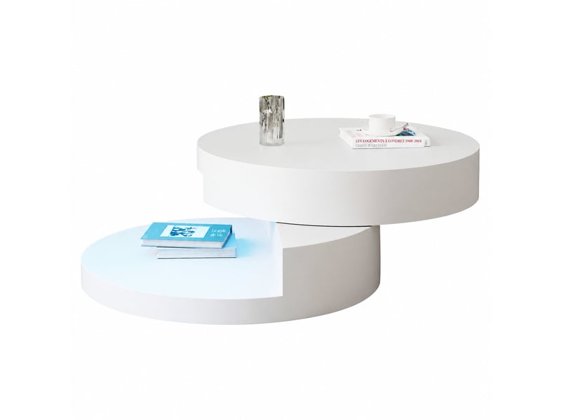  Table basse ronde led, plateau pivotant à 360°, rangement 2 niveaux, ø70 cm, blanc  - Conforama A