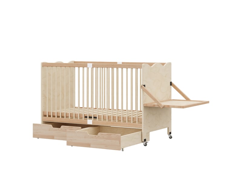 Lit bébé mobile 70×140×94,5 cm bois naturel, 4 hauteurs, tiroirs et table à langer - Conforama D