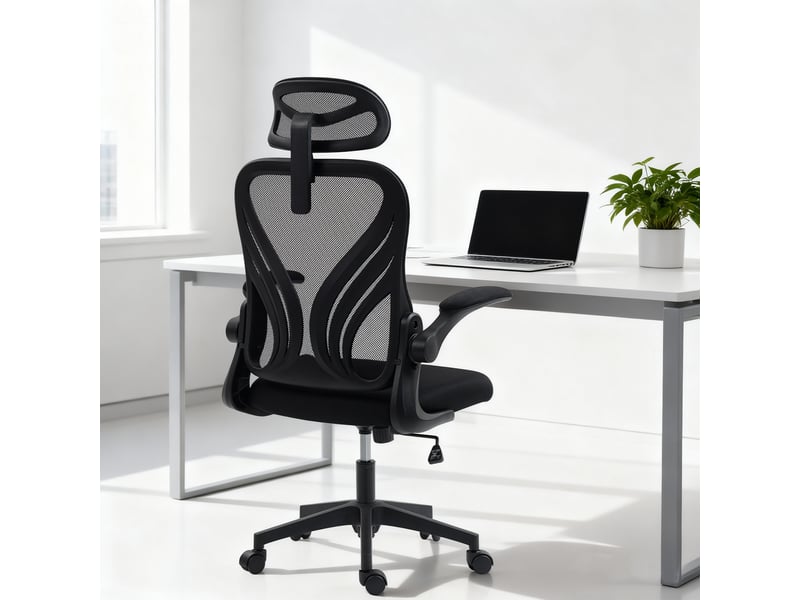  Chaise de bureau ergonomique avec accoudoirs relevables, soutien lombaire et appui-tête réglable, noire  - Conforama C