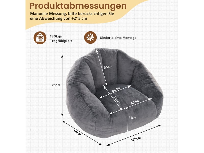  Fauteuil poire modenvie en fausse fourrure, mousse haute densité, gris clair, 111 x 123 x 75 cm  - Conforama C