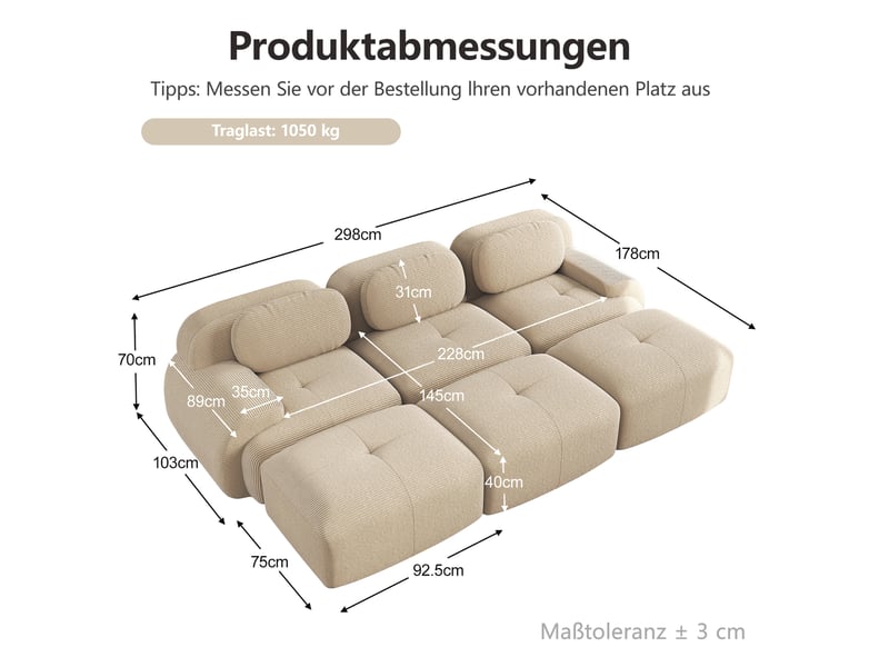  Canapé modulable modenvie 3 places avec 3 poufs en velours côtelé beige 298 x 178 x 70 cm  - Conforama C