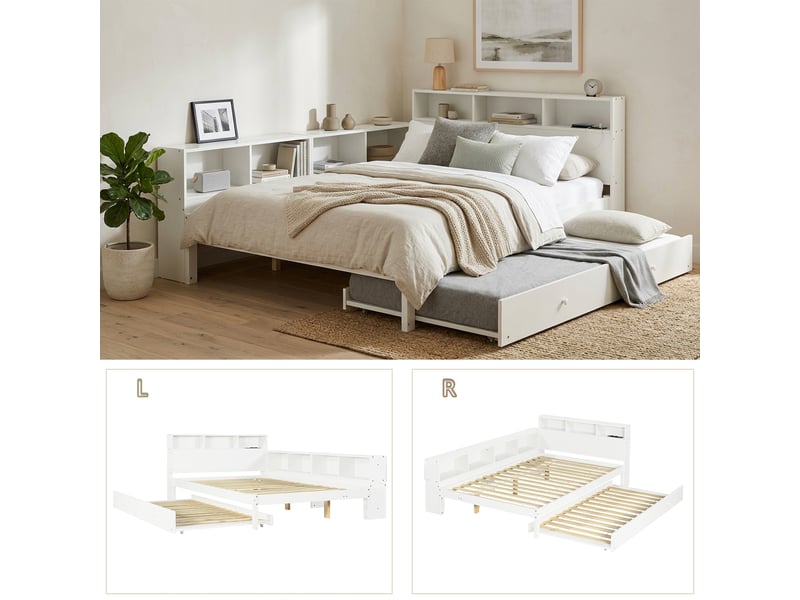 Lit enfant fonctionnel 120x200cm - lit gigogne 90x190 - étagère latérale - station charge - blanc Seren Glow - Conforama C