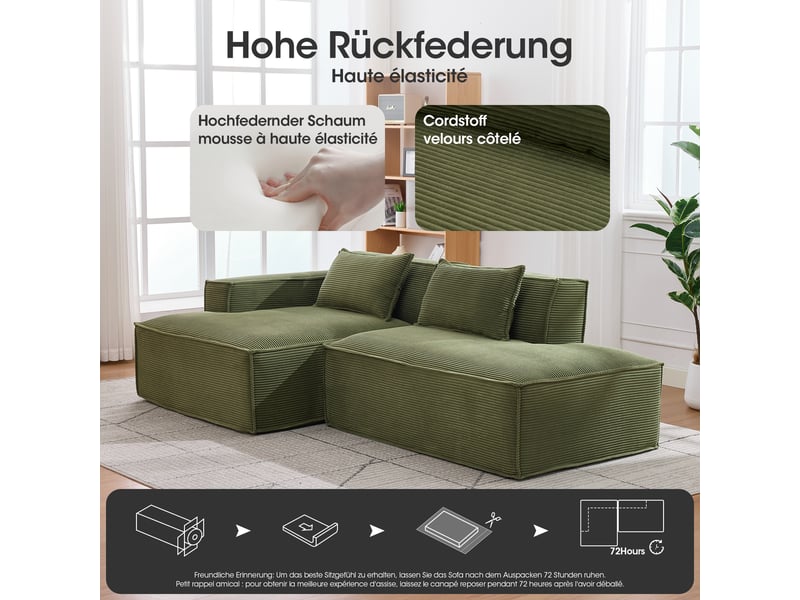  Canapé droit à assise rembourrée  - coussins à ressorts ensachés, polyester vert - 235 × 129 × 70 cm  - Conforama E
