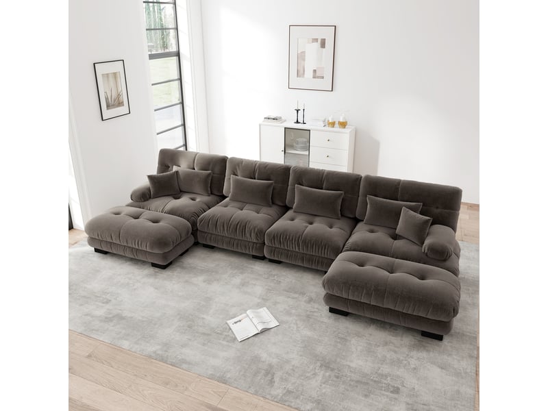  Canapé d'angle, canapé modulable – 4 places, en chenille, pouf amovible, forme u, style cloud, marron  - Conforama A