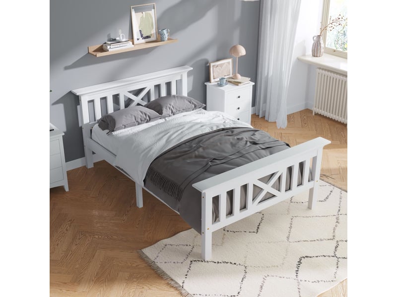  Lit une place 90 x 200 cm - en pin de qualité supérieure - lit capitonné - cadre de lit à lattes - blanc  - Conforama A