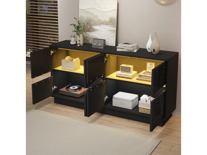  Buffet 140x35x70cm avec éclairage led, 4 portes push-to-open et façades brillantes, meuble de rangement pour cuisine et salon, noir evarich - Conforama E
