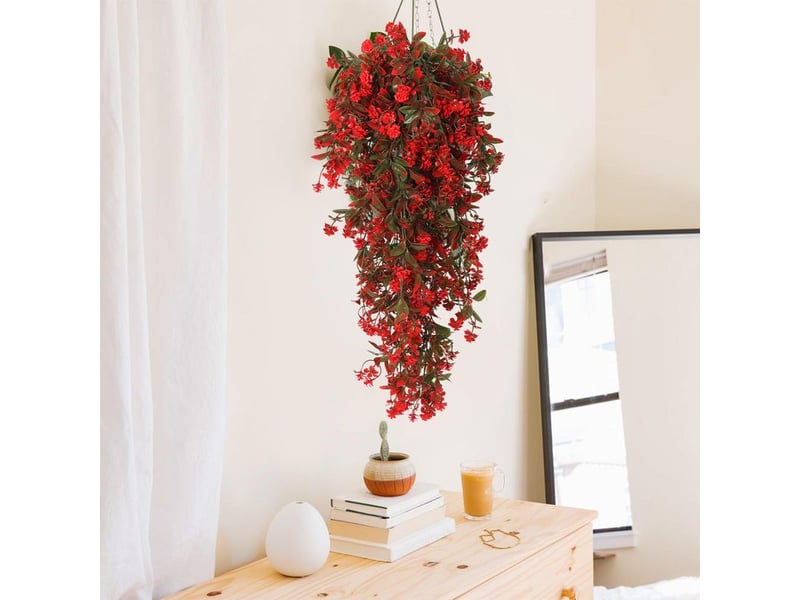  Lot de 2 plantes retombantes artificielles rouges avec fleurs et feuillage vert, décoration sans entretien résistante aux uv pour jardin et terrasse  - Conforama D