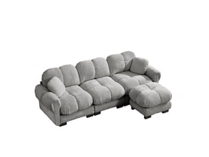 Canapé d'angle cloud à 3 places avec ottomane mobile et 2 petits coussins de décoration - gris clair
