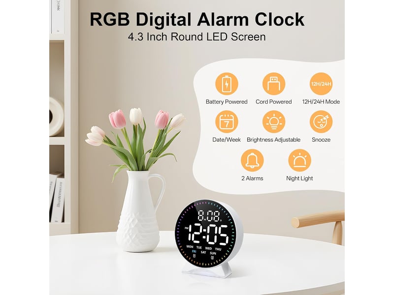  Réveil numérique led avec veilleuse rvb 9 couleurs, snooze, date, semaine, luminosité réglable, format 1224h, doubles alarmes pour table de nuit  - Conforama B