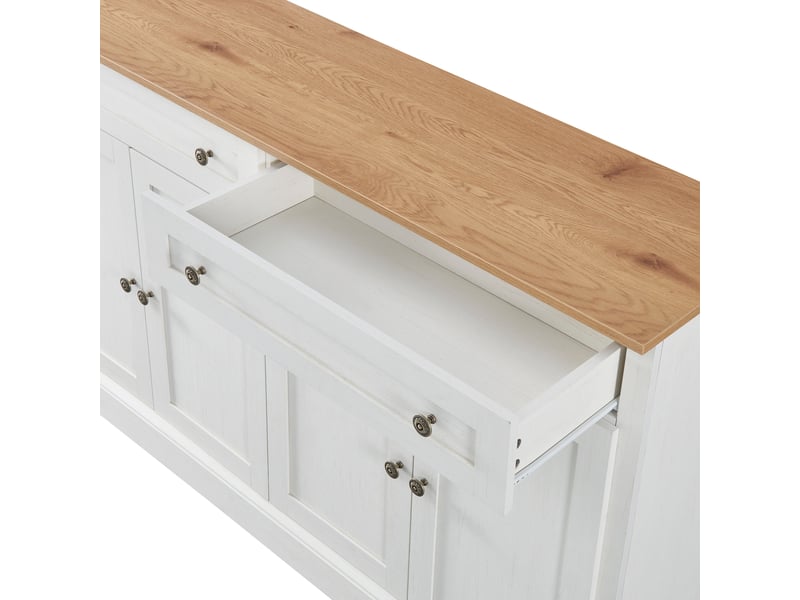 Buffet cuisinesalon 150x86x40cm - blanc antique et bois naturel - 4 portes + 2 tiroirs - étagères réglables - poignées métal rétro - Conforama W