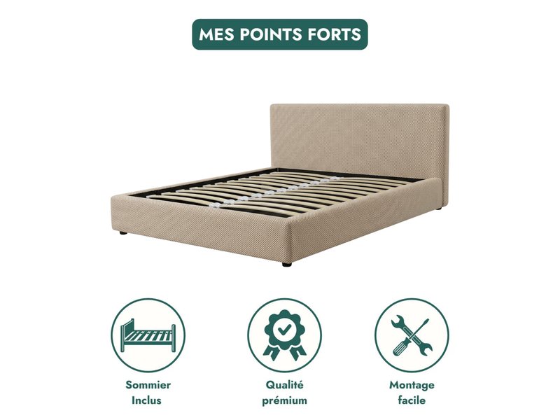  Lit coffre versailles 90x190cm - tissu mesh 3d beige - tête de lit avec grand espace de stockage C02-LTC50 90/190 3DBE - Conforama C