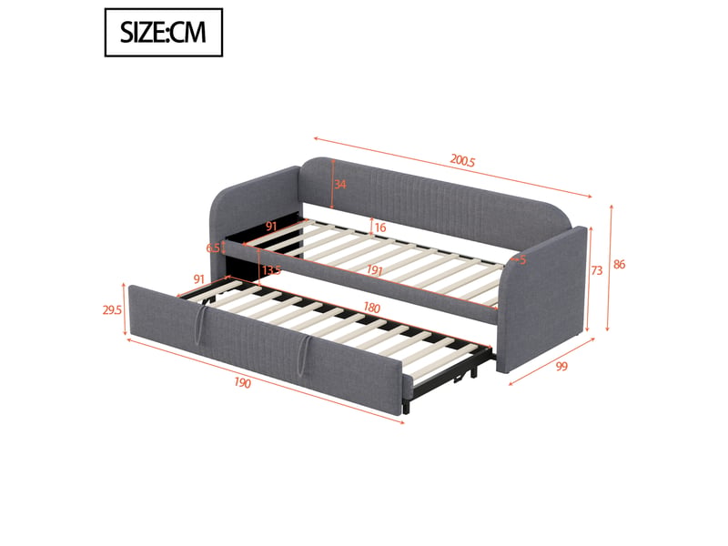 Lit capitonné, canapé-lit extensible 90180*190 cm, à rayures verticales, avec sommier à lattes, lit multifonctionnel, tissu en lin confortable et respirant, gris (matelas non inclus) - Conforama C