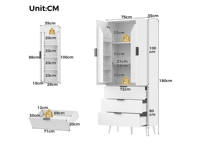  Armoire de cuisine 75x35x180 cm blanche avec 2 portes et 3 tiroirs  - Conforama C