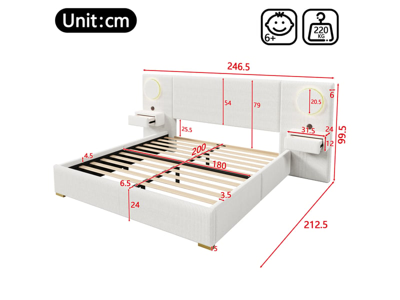  Lit double 180 × 200 cm avec tête de lit led, ports usb et chevets à tiroirs en velours beige pour chambre moderne  - Conforama C