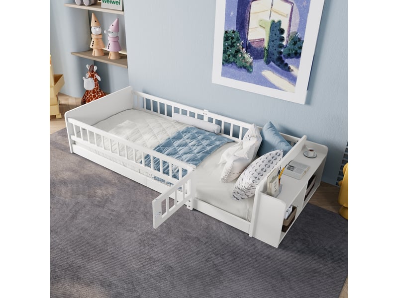 Lit enfant 90 x 200 cm, cadre de lit avec rangement, étagères ouvertes, 1 place, structure multifonction, bois massif, blanc Morn Vibe - Conforama D