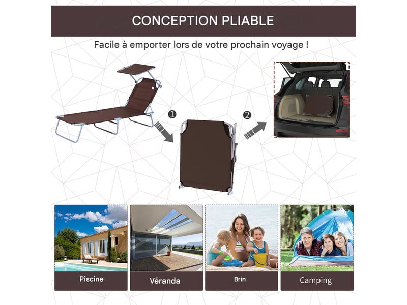  Transat de jardin pliable avec pare-soleil dossier 4 positions marron 187x58x36 cm  - Conforama E
