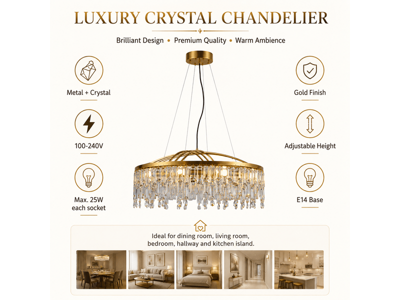  Lustre rond en cristal à pampilles d – éclairage 3 couleurs ASLED-808 - Conforama E