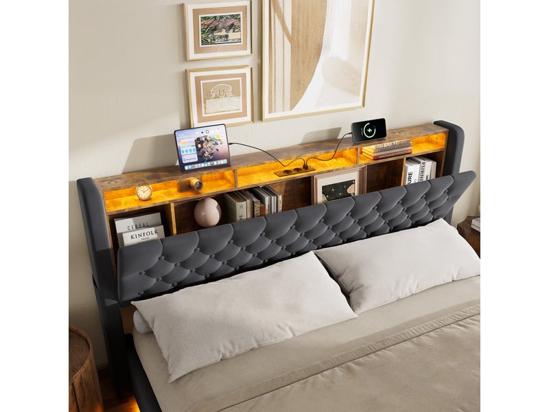  Tcqpz lit rembourré 180x200 cm gris avec tête de lit de rangement et coffre  - Conforama E