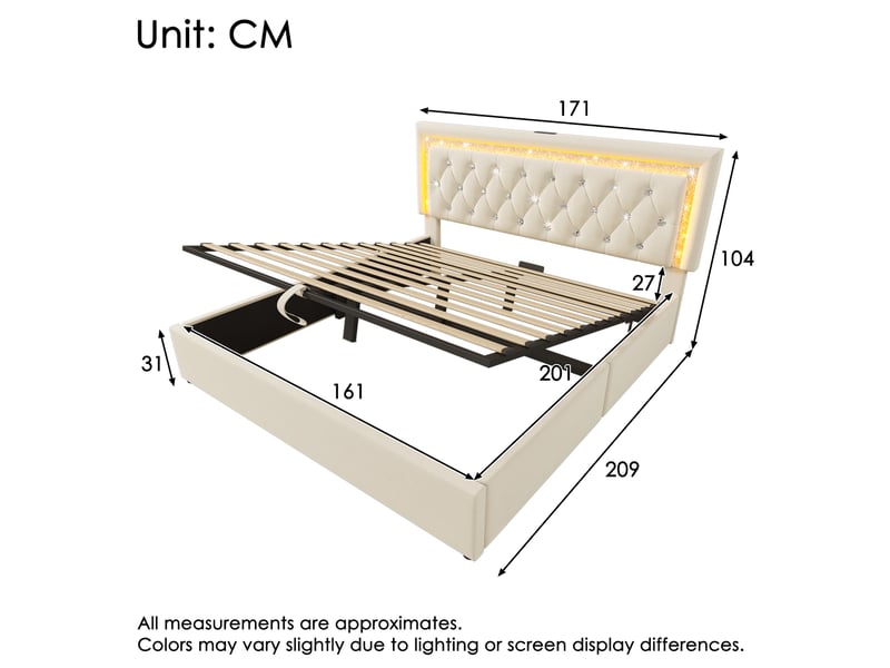 Lit coffre 2 places 160x200 cm, beige, matelas inclus, usb et type-c, en velours doté de led intégré  - Conforama C