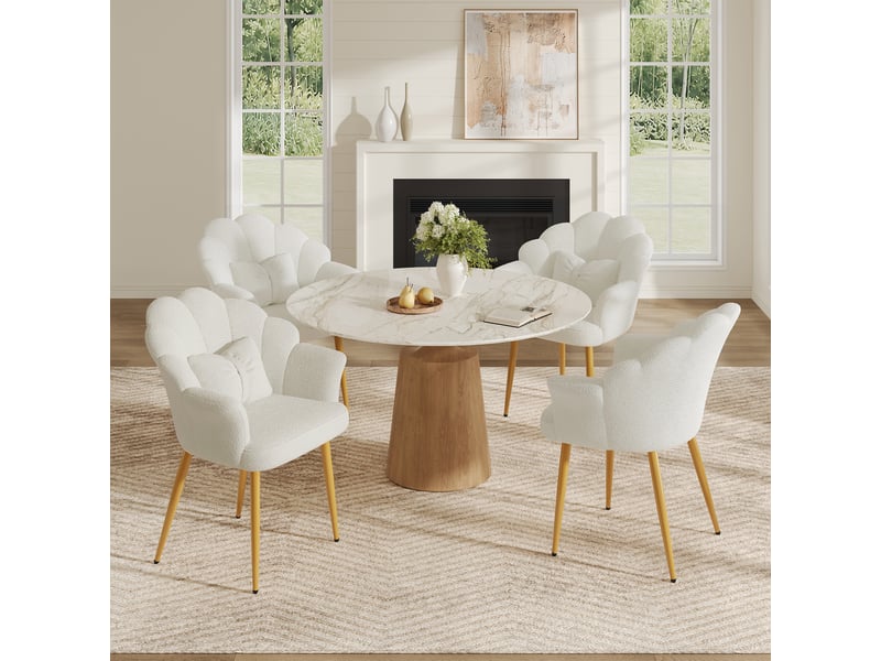 Fauteuil lot de 4 avec accoudoirs, coussins floraux et pieds métalliques en teddy blanc, 64×65,5×85 cm - Conforama B