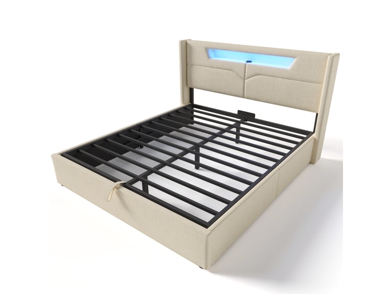 Lit coffre,160x200 cm,avec led et usb type-c,lin,beige  - Conforama D