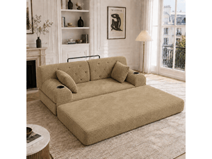 Canapé convertible 2 places avec dossier haut, 4 poches et 2 porte-gobelets, en velours côtelé kaki 168 × 80 × 81 cm