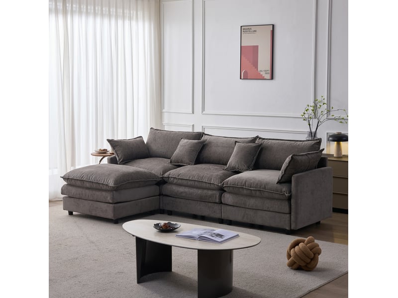  Canapé d’angle 3 places, canapé modulable avec pouf en chenille gris, 267x154x85 cm  - Conforama W