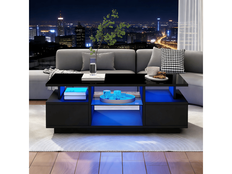  Table basse 100x50x36 cm - led connectée - 2 tiroirs + étagères verre - finition laque brillante - noir BUYDEEMEUS - Conforama B
