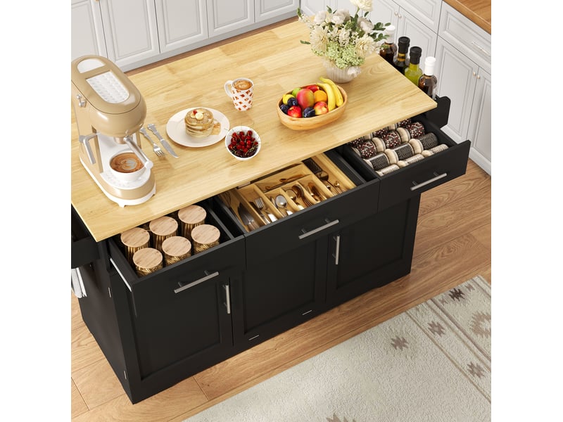  Desserte de cuisine à plateau rabattable avec 3 tiroirs, prises et roulettes, en mdf noir et naturel 136 × 75 × 92 cm  - Conforama D
