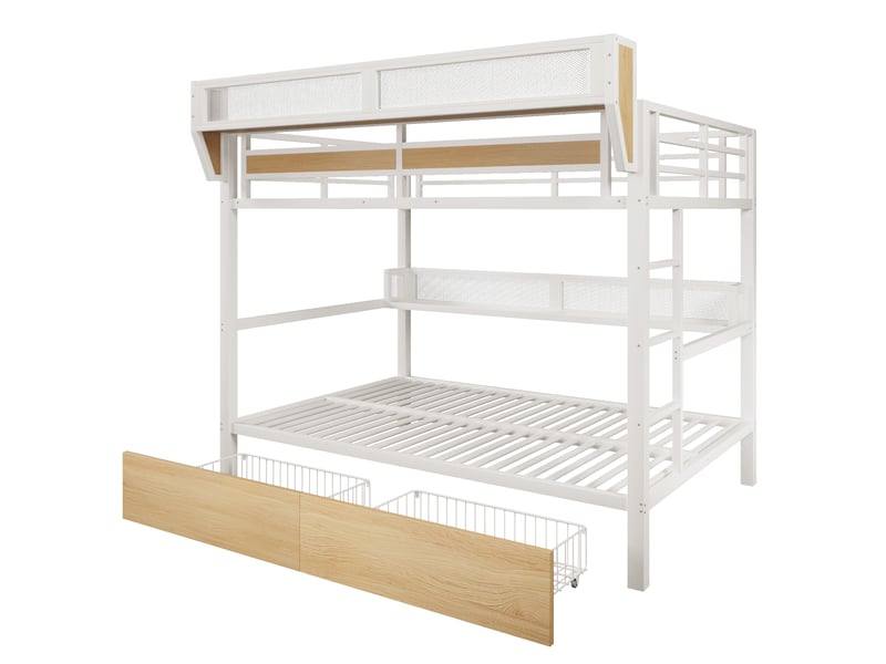 Lit superposé enfant 90x200 cm avec escalier rangement, design château, 2 couchages, bois massif et mdf blanc naturel OMNIGLINT TRADING LTD - Conforama A