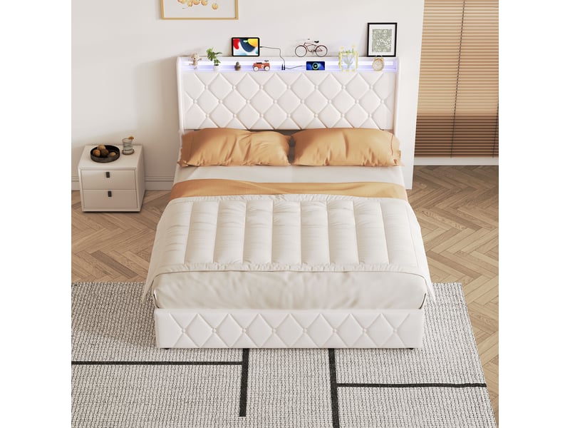 Lit coffre 160x200cm - lit double 160x200 et sommier - lit 160x200 avec tête de lit led, prises usbtype-c - beige - Conforama B