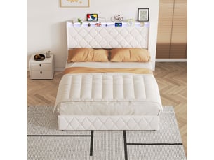 Lit coffre 160x200cm - lit double 160x200 et sommier - lit 160x200 avec tête de lit led, prises usbtype-c - beige