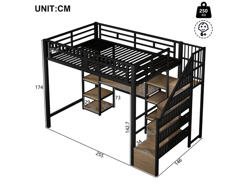  Lit mezzanine 140x200 cm coloris noir led métal lit enfant noir - Conforama C