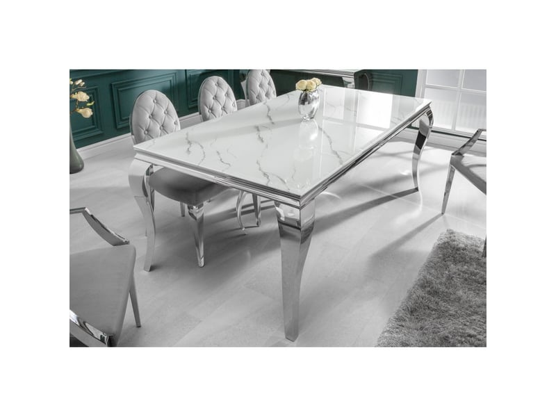  Table de salle à manger velena 180 cm – plateau en verre effet marbre blanc – structure en acier argenté  - Conforama C