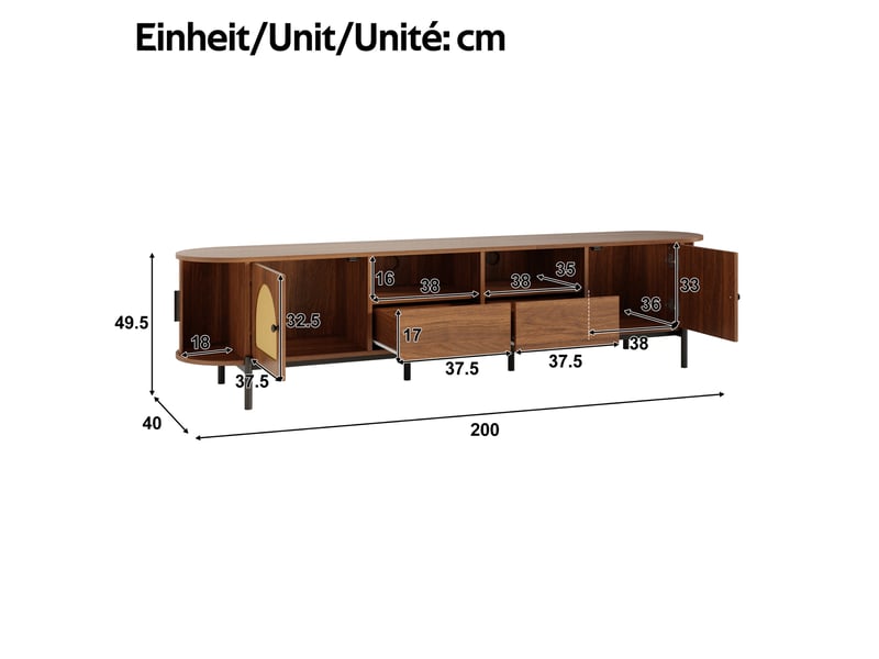  Ensemble de salon 3 pièces avec table basse meuble tv et buffet portes coulissantes aspect rotin et bois pieds métalliques rangement  - Conforama C